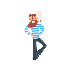 Bearded sailor man smoking tobacco pipe, seaman character in striped singlet vector Illustration on a white background