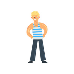 Cheerful sailor man character in striped vest vector Illustration on a white background