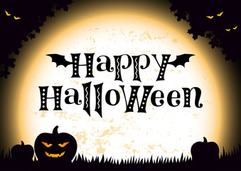 Lettering of Happy Halloween in black on background with orange textured giant moon, pumpkins, foliage and eyes of monsters with place for text for decoration,greeting card,postcard, advertising,party