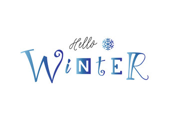 Lettering of Hello winter with different letters in blue gradient and snowflake  on white background for decoration, poster, banner, design, decor, packaging. calendar, postcard, sticker, scrapbooking