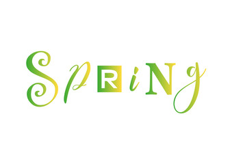 Lettering of Spring with different letters in green yellow gradient isolated on white background for decoration, greeting card, poster, banner, decor, advertising, sticker