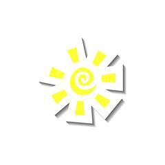 Vector illustration of sun in yellow with swirl and square rays in paper cut style with white outline shadow isolated on white background for decoration, decor, sticker, scrapbooking,summer background
