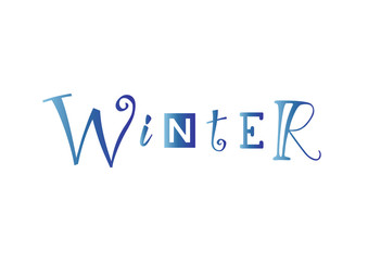 Lettering of Winter with different letters in blue gradient isolated on white background for decoration, poster, banner, design, decor, packaging. calendar, postcard, sticker, scrapbooking