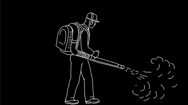 2d Animation motion graphics showing a gardener with leaf blower or blower vac blowing side to side on white screen, green screen with alpha matte in  HD high definition.