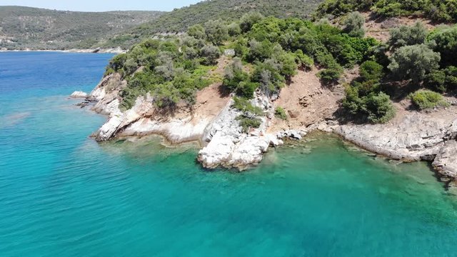 Flight over the beach from Kufala, during sunset, Volos region, Strait of Trikeri, Greek peninsula of Pilion, Papasitic Gulf, Greece