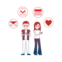 young couple with set icons avatar character