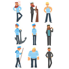 Sailors and captains doing their job, seamen characters in uniform vector Illustration on a white background
