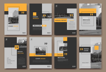 Abstract patch brochure cover design. Gray info data banner frame. Techno title sheet model set. Modern vector front page art. Urban city blurb texture. Orange citation figure icon. Ad flyer text.