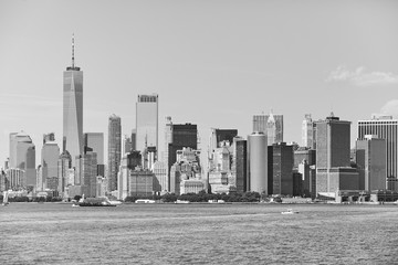 Black and white picture of the New York City skyline, USA.