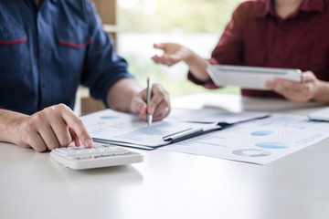 Business partner professional team working together meeting are discussing and analysis with new strategy marketing project investment in workplace