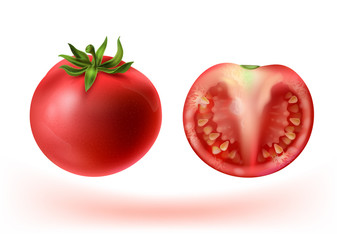Vector 3d realistic set of red tomatoes. Whole vegetable and half with seeds. Vegetarian fresh raw food. Garden or farm food isolated on white background. Juicy plant for ketchup, sauce.