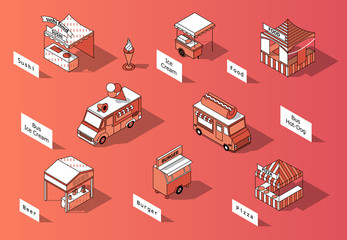 Vector 3d isometric food courts and trucks. Shops with sushi, beer, pizza. Mobile markets with canopy made in orange colors and thin black lines. Urban concept, elements for map of town, marketplace.