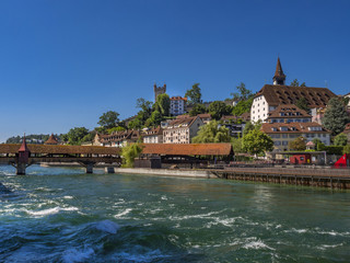 Fototapeta na wymiar Spreuerbruecke bridge across the Reuss river, Lucerne, Switzerland, Europe