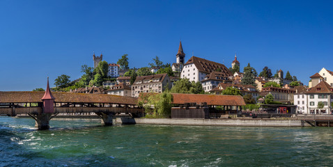 Spreuerbruecke bridge across the Reuss river, Lucerne, Switzerland, Europe