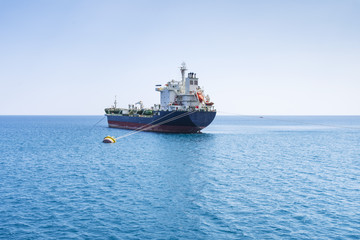 a sea cargo ship anchored near the shore, against a background of the sea horizon