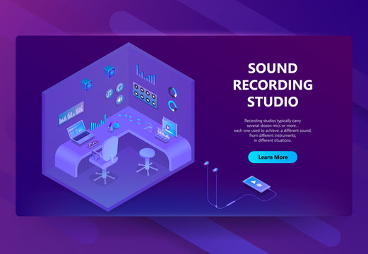 Vector 3d isometric template for site construction of sound recording studio. Violet room with equipment to create music. Ultraviolet headphones with loudspeakers, audio devices. Portal with button.