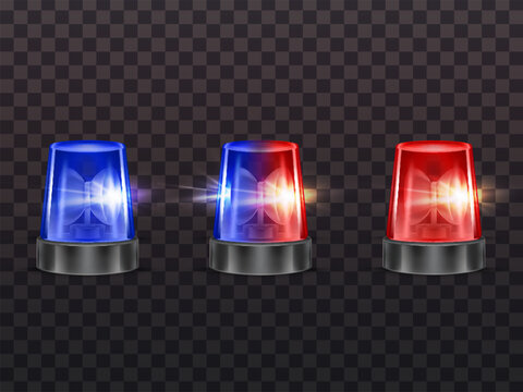 Vector 3d realistic red and blue flashers. Police, ambulance or other municipal service siren with light, rotating alert lamp. Transparent beacon for emergency isolated on dark background.