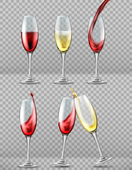 Set wine glasses with splash of red and white wine, celebratory toast, realistic vector illustration isolated on background. Transparent glassware, elements of design for menu, shop windows