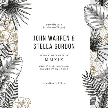 Wedding invitation with exotic flowers and leaves. Tropica florals frame. Card design template. Vector illustration