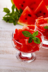 Pieces of watermelon and mint in a plate