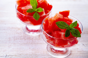 Pieces of watermelon and mint in a plate
