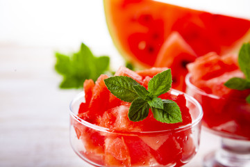 Pieces of watermelon and mint in a plate