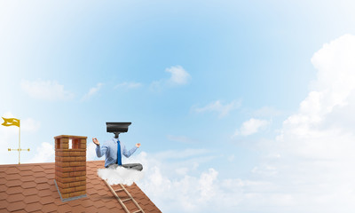 Concept of security and privacy protection with camera headed man meditating