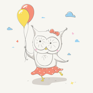 Lovely cute small owl in a skirt with polka dots with two colorful balloons. Beautiful cartoon animal.