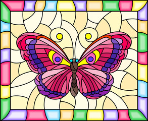 Illustration in stained glass style with bright pink butterfly on a yellow background in a bright frame