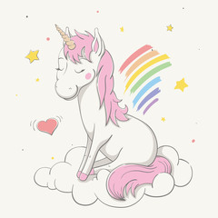 Lovely cute unicorn sits on white cloud with rainbow. Love cartoon animal.