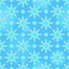 Seamless pattern on the theme of winter and winter holidays, the contour of the snowflake and flare, white snowflakes on a blue background
