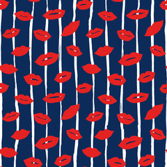 Beauty, makeup, cosmetic fashion seamless pattern. Vector red pink color doodle lips patches in pop art 80s-90s style. Woman's sexy emotions mouth.