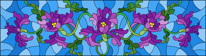 Illustration in stained glass style with flowers and leaves of purple iris flower on blue background, horizontal image