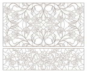 Set contour illustrations of stained glass with abstract swirls and flowers , horizontal orientation