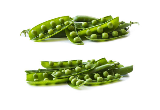 Set of green peas. Green peas isolated on a white background. Vegetables with copy space for text. Fresh green peas on a white background. Isolated macro food photo close up from above on white 