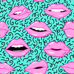 Obraz premium Beauty, makeup, cosmetic fashion seamless pattern. Vector red pink color doodle lips patches in pop art 80s-90s style. Woman's sexy emotions mouth.