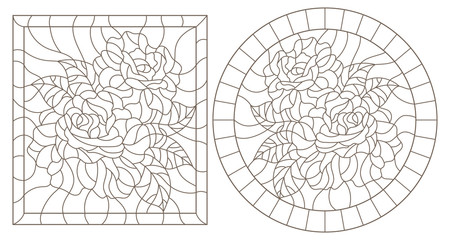 A set of contour illustrations of stained glass Windows with rosees in frames, dark contours on a white background, round and rectangular image