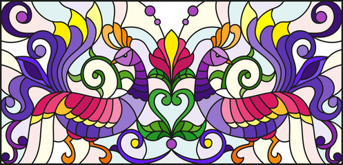 Fototapeta premium Illustration in stained glass style with abstract birds and flowers on a light background , mirror, horizontal image