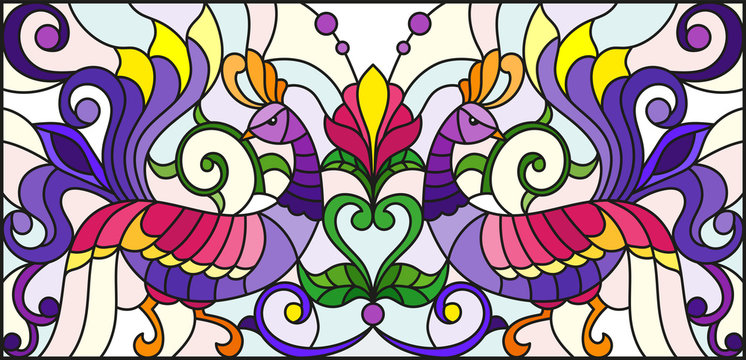 Illustration in stained glass style with abstract birds and flowers on a light background , mirror, horizontal image