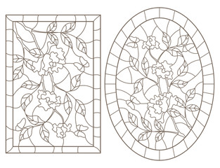 Set of contour illustrations of stained glass Windows with rose bushes and butterflies, oval and rectangular image, dark contours on a white background
