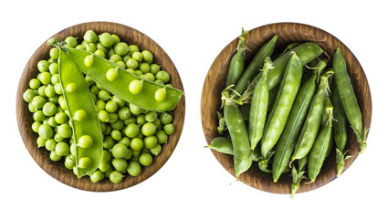 Top view. Green peas isolated on a white background. Fresh green peas on a white background. Studio photo. Isolated macro food photo close up from above on white background.