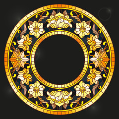 Illustration in stained glass style frame with floral,golden flowers and leaves on a dark background