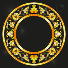 Illustration in stained glass style frame with floral,golden flowers and leaves on a dark background