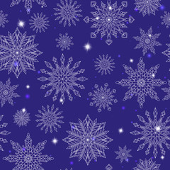 Naklejka na ściany i meble Seamless pattern on the theme of winter and winter holidays, the contour of the snowflake and sters, white snowflakes on a blue background