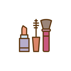 Lipstick mascara and brush filled outline icon, line vector sign, linear colorful pictogram isolated on white. Makeup set symbol, logo illustration. Pixel perfect vector graphics