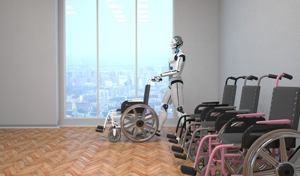 Roboter laufend als Pfleger mit einem Rollstuhl