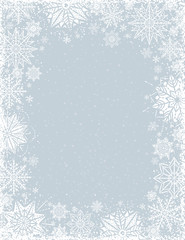 Fototapeta na wymiar Grey christmas background with frame of white snowflakes and stars, vector illustration