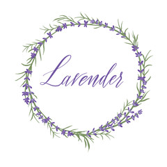 The lavender wreath with hand lettering word Lavender. Lavender