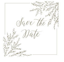 Save the date, hand drawn lettering and grey brunches for design