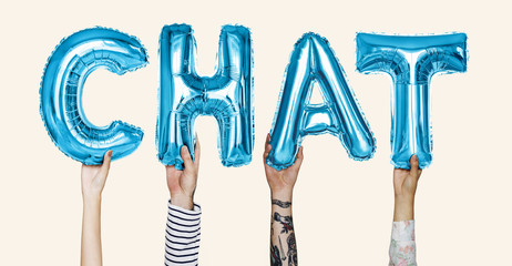 Hands showing chat balloons word